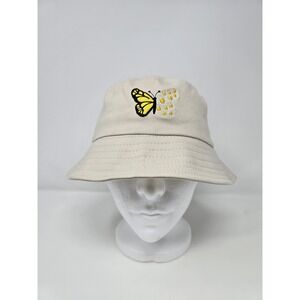 Butterfly & Daisies Embroidered Bucket Hat Beige 100% Cotton Casual Unisex